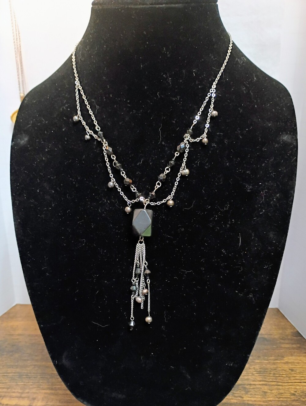 Silver-Tone Multi-Strand Tassel Necklace with Hematite Pendant Gothic Style